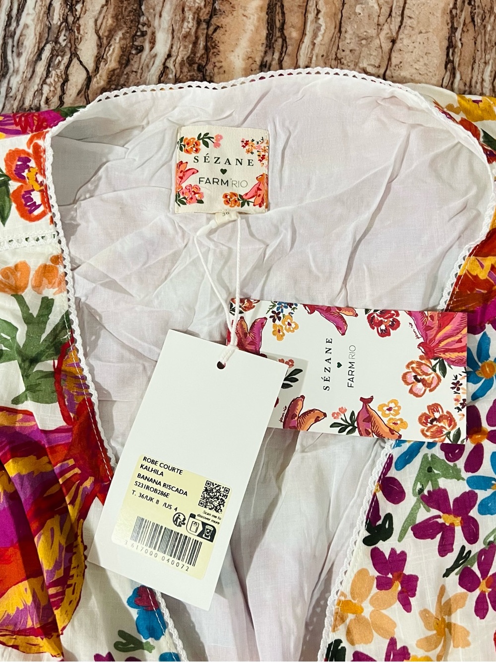 Sezane Floral Cotton Mini Dress in White with Yellow, Pink & Orange Flowers - Picture 2 of 5